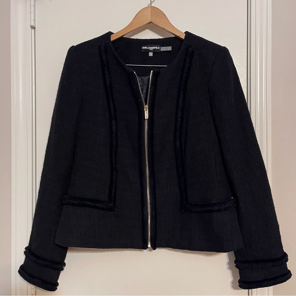 Karl Lagerfield women’s black tweed zip up blazer jacket 12